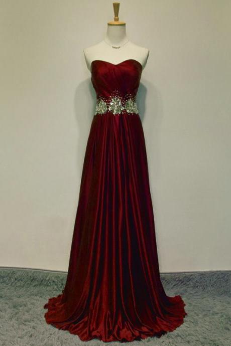 Sexy Burgundy Long Satin Prom Dresses Showcases Beaded Sweetheart Neckline,sexy Evening Gowns,formal Dresses
