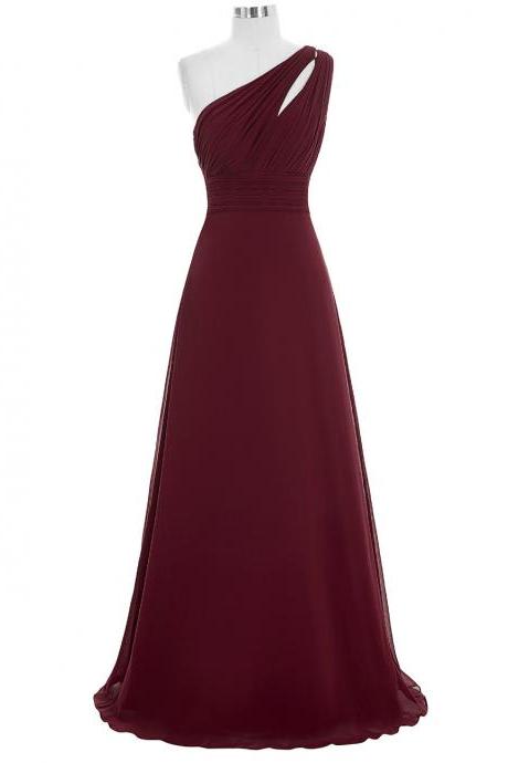 Sexy One Shoulder Chiffon Burgundy Bridesmaid Dress,Floor Length A Line Burgundy Bridesmaid Dresses,Elegant Long Cheap Prom Dresses Party Evening Gown