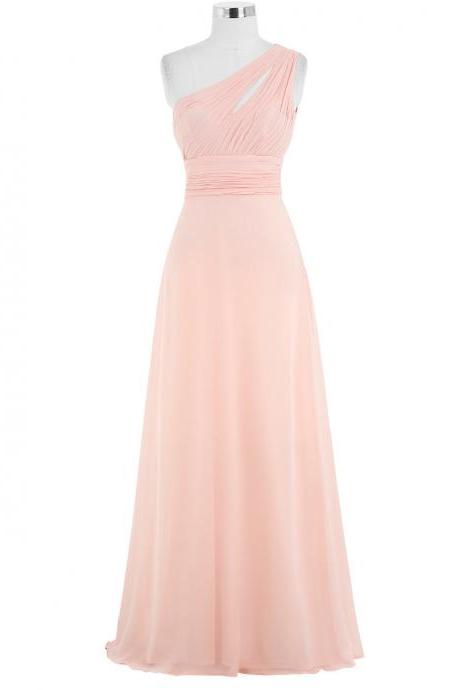 Pink Chiffon Floor Length A-line Prom Dress Featuring Ruched One Shoulder Bodice And Cutout Detailing