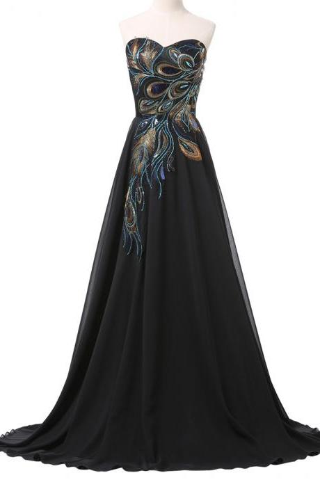 Black Sweetheart Embroidered Prom Dresses , Strapless Chiffon A Line Evening Gowns - Formal Gowns, Party Dresses