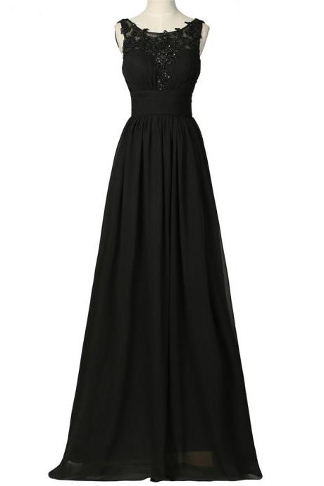 Black Beaded Lace Applique Sheer Neck Prom Dresses , Strapless Chiffon A Line Evening Gowns - Formal Gowns, Party Dresses