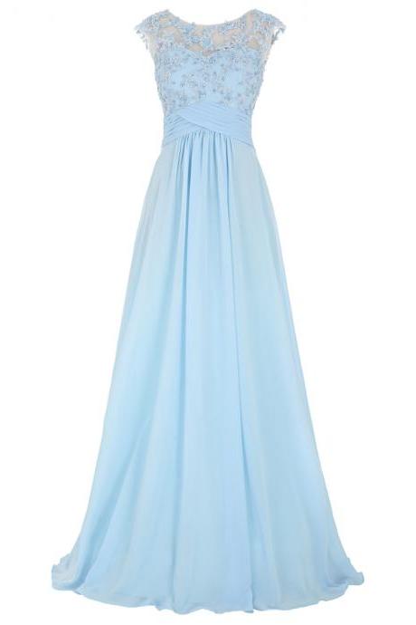Light Blue Chiffon Floor Length A-line Evening Dress Featuring Lace Appliqué Jewel Neck Bodice With Cap Sleeves, Ruched Belt And Illusion Open