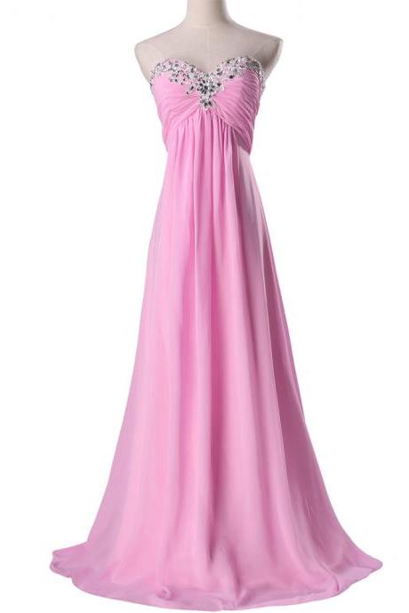 Pink Strapless A-line Sweetheart Long Prom Dress with Rhinestone Beaded Embellishment