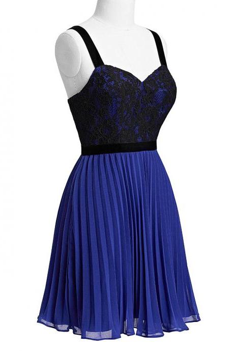 Charming Spaghetti Straps Royal Blue Homecoming Dresses With Lace Bodice,Short Chiffon Prom Dresses 2016 