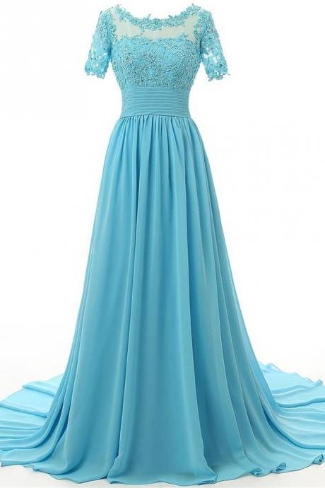 Light Blue Lace Applique Long Evening Dress Featuring Sheer Bateau Neckline And Short Sleeve