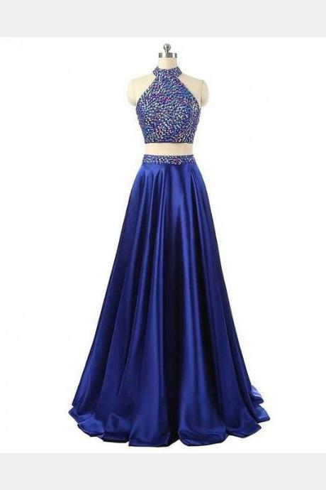 Two-piece Satin A-line Long Prom Dress With Rhinestone Beaded Halter Bodice And Open Back