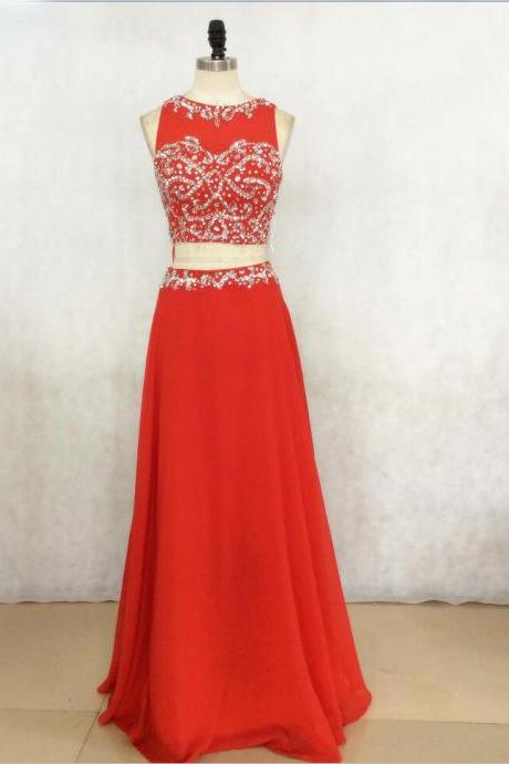 Sexy Red Long Chiffon Prom Dresses Showcases Rhinestone Beaded Bodice,Sexy Evening Gowns,Formal Dresses,Two Piece Prom Dresses