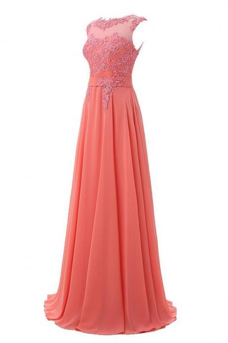 Sexy Coral Lace Applique Long Chiffon Prom Dresses Showcases Sheer Bateau Neckline,sexy Evening Gowns,formal Dresses