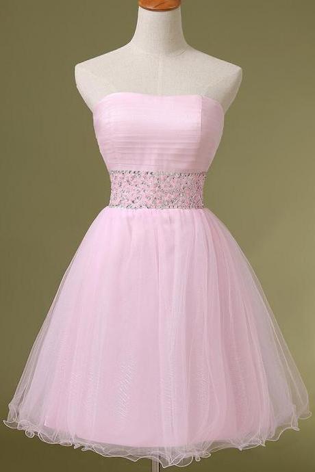 Pink Tulle Mini Prom Dresses Graduation Cocktail Dresses Beaded Short Evening Dresses 2017 Strapless Real Photo Women Party Dresses Formal Gowns