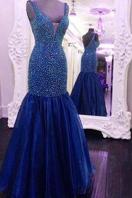 Royal Blue Mermaid Organza Long Prom Dress With Rhinestone V Neck Bodice