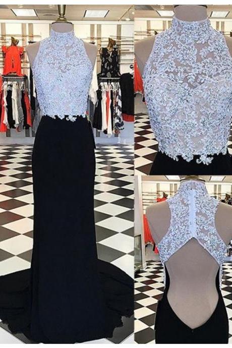 Sexy White A Line Chiffon Long Prom Dress With Lace Bodice,high Neck, And Open Back