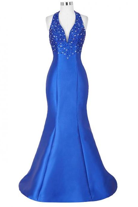 Amazing Blue Satin Mermaid Long Prom Dresses With Rhinestone Beaded Bodice And Halter Neckline