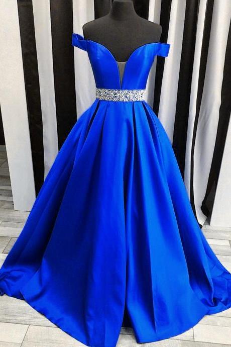 Royal Blue Satin Off-the-shoulder Plunge V Floor Length Formal Gown Featuring Beaded Embellished Belt