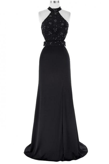 Sexy Black A Line Chiffon Long Prom Dresses With Beaded Bodice And Halter Neckline
