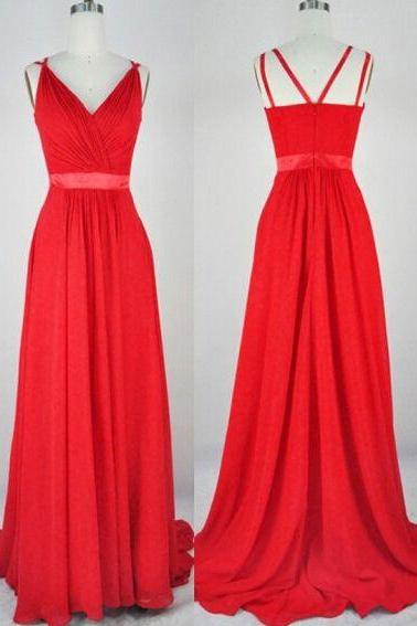 Sexy Red A Line Chiffon Long Prom Dresses With Ruched Bodice And V Neckline