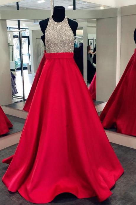 Red Shimmery A Line Satin Long Prom Dresses With Beaded Bodice And Halter Neckline