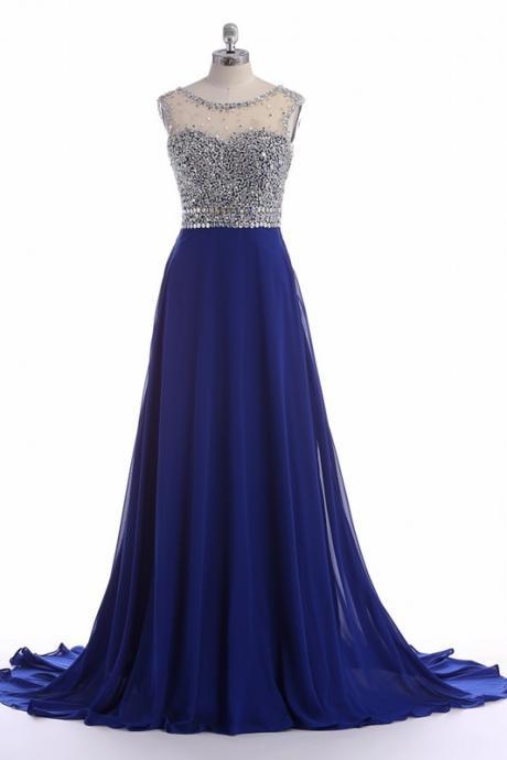 Royal Blue Chiffon Long Prom Dresses With Rhinestone Beaded Bodice And Sheer Bateau Neckline