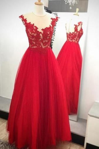Sexy Red Long A Line Tulle Prom Dresses Showcases Lace Applique Bodice,sexy Evening Gowns,formal Dresses