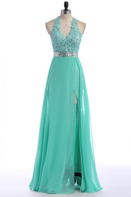 Sexy Light Green Long Chiffon Prom Dresses Showcases Lace Applique Halter Neckline Bodice,sexy Evening Gowns,backless Formal Dresses