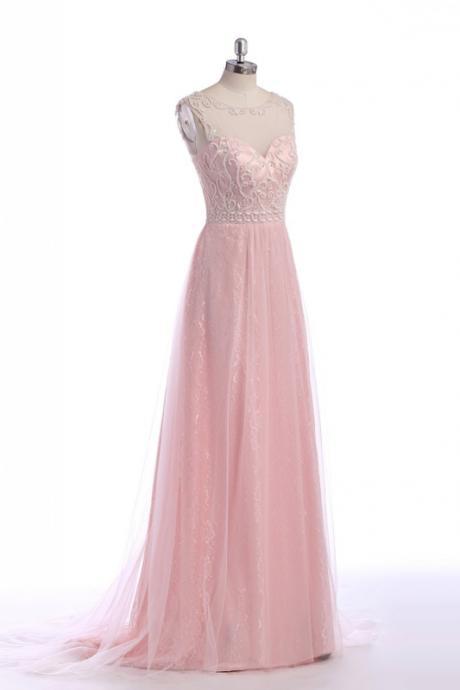 Amazing Pink Long Chiffon Prom Dresses Showcases Beaded Sheer Bateau Neckline And Lace Skirt ,sexy Evening Gowns, Formal Dresses
