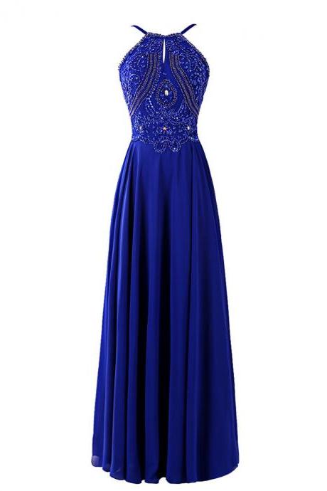 Sexy Royal Blue Chiffon Strapless Formal Dresses With Jewel-embellished Bodice , Long Elegant Prom Dress