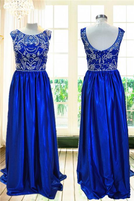Charming Royal Blue Satin Formal Dresses With Jewel-embellished Sheer Bateau Neckline Bodice , Long Elegant Prom Dresses
