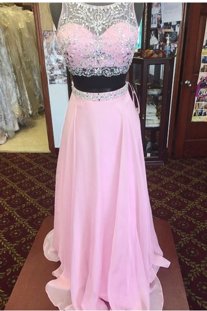 Brilliant Pink Long Chiffon Prom Dresses Showcases Beaded Sheer Bateau Neckline,two Piece Prom Dresses,sexy Evening Gowns,formal Dresses