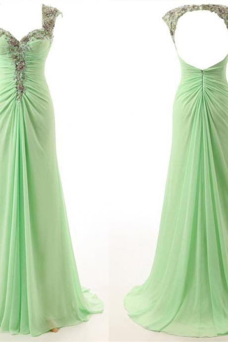Cap-sleeved Chiffon A-line Floor-length Dress with Beaded Embellishment and Bare Back