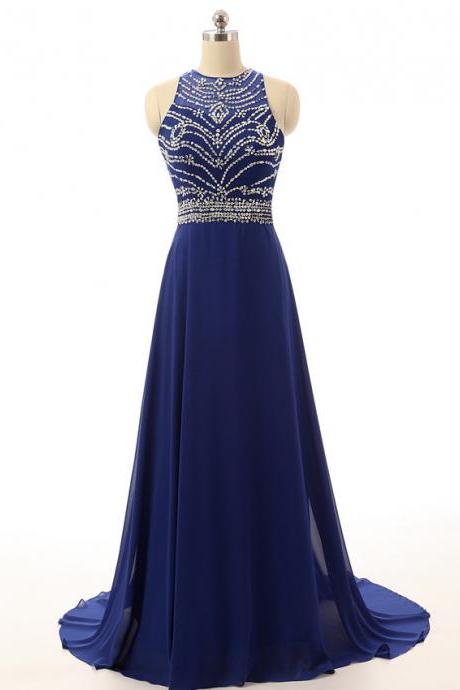Sexy Long Royal Blue Formal Dresses Showcases Beaded Sheer Neckline Bodice ,Sexy Chiffon A Line Evening Gowns,Prom Dresses