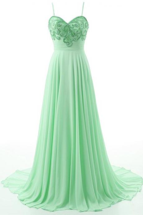 Floor Length Light Green Formal Dresses Showcases Spaghetti Straps Beaded Bodice ,Sexy Chiffon A Line Evening Gowns,2017 Prom Dresses