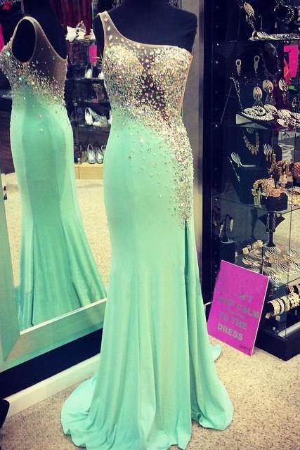 Charming Light Green Mermaid Prom Dresses Rhinestone Chiffon One Shoulder Evening Gowns With See Through Back