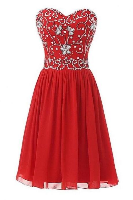 Beaded Embellished Red Chiffon Sweetheart Short A-line Homecoming Dress, Graduation Dress