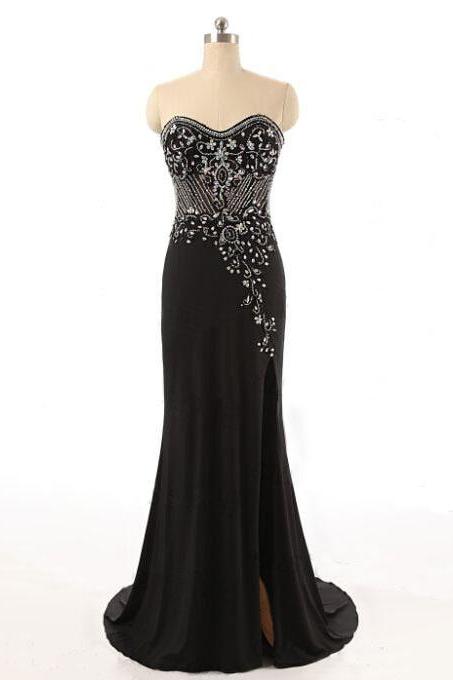 Sparkly Black Mermaid Prom Dresses Chiffon Beaded Evening Gowns With Sweetheart Neckline