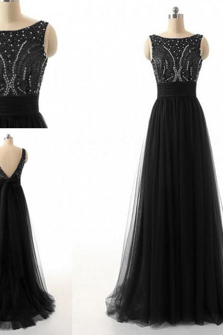 Sexy Black Prom Dresses Tulle Beaded Evening Gowns With Sheer Bateau Neckline