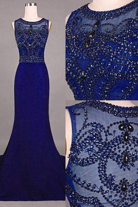 Charming Royal Blue Prom Dresses Chiffon Evening Gowns With Sheer Bateau Neckline