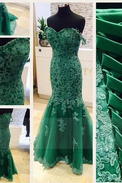 Amazing Hunter Green Tulle Off The Shoulder Lace Applique Formal Dresses-evening Gowns, Prom Dress