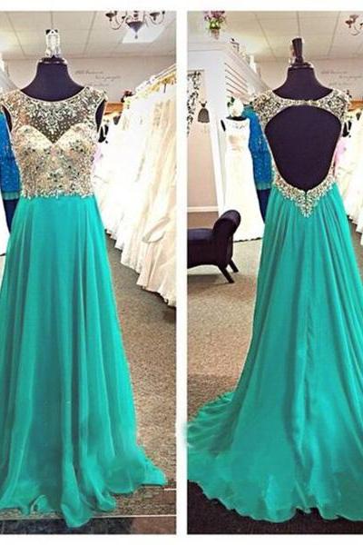 Sexy Blue Crystal Beaded Backless Evening Dresses Long Elegant Chiffon Prom Dress Robe De Soiree Formal Gowns
