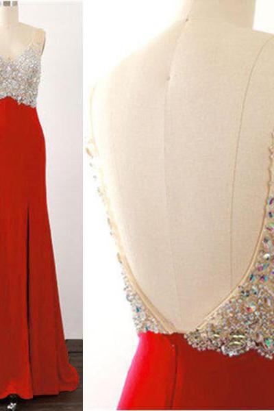Sexy Red Beaded Backless Evening Dresses Long Elegant Side Split Chiffon Prom Dress Robe De Soiree Formal Gowns