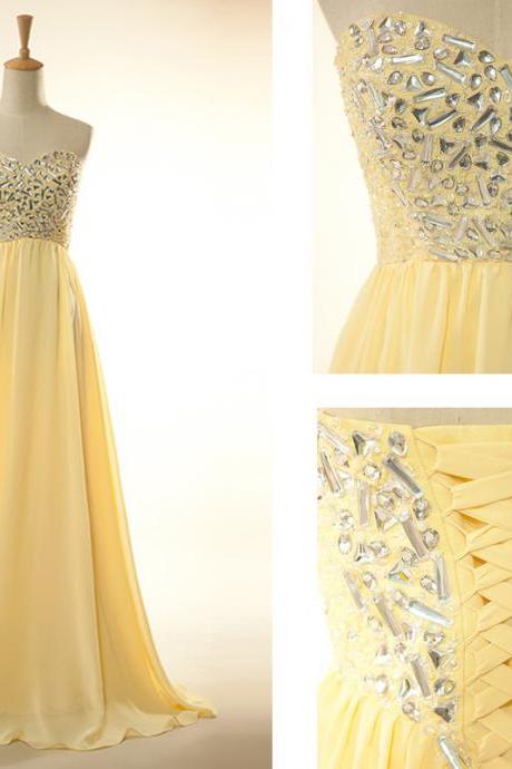 Yellow Rhinestone Evening Dresses Long Elegant Chiffon Prom Dress Sweetheart Neck Formal Gowns