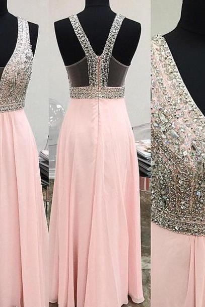 Long Pink Prom Dresses With Plunge V Neck,sexy Beaded Strapless Chiffon Evening Gowns