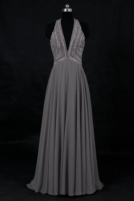Grey Beaded Halter Prom Dresses , Deep V Neck Backless Chiffon A Line Evening Gowns - Formal Gowns, Party Dresses