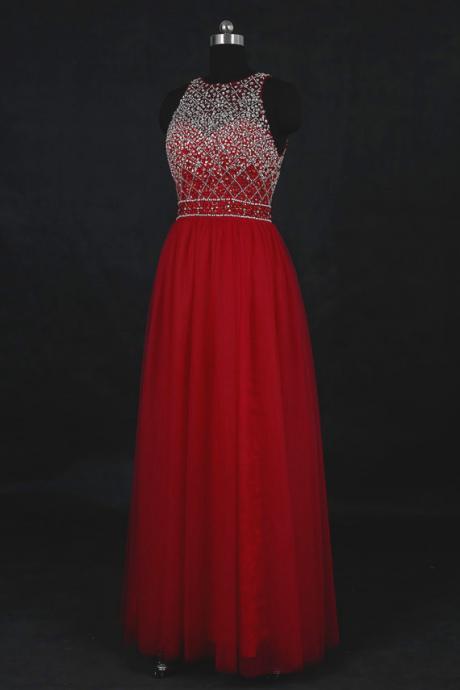 Red Beaded Prom Dresses , Sexy Backless Tulle A Line Evening Gowns - Formal Gowns, Party Dresses