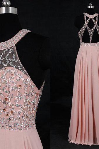 Custom made Long Pleated Chiffon Evening Prom Dresses , Graduation Dress , Wedding Dress with Sequins and Beads - Pink