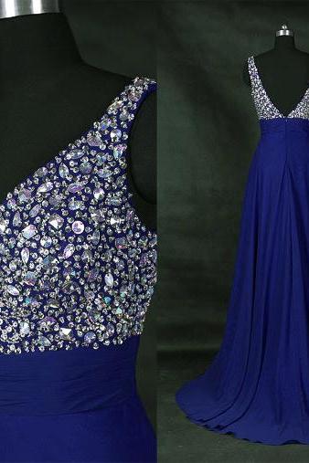 Sexy Royal Blue Beaded Chapel Train Prom Dresses , Long Elegant Chiffon A Line Evening Gowns - Formal Gowns, Party Dresses