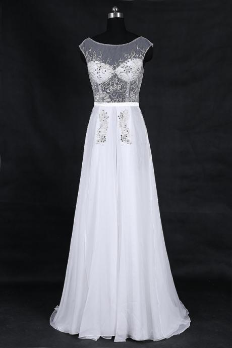 Sexy White Prom Dresses Chiffon Beaded Evening Gowns With Sheer Scoop Neckline