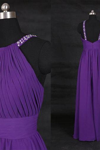 Long Elegant Purple Prom Dresses Chiffon Evening Gowns With Scoop Neckline