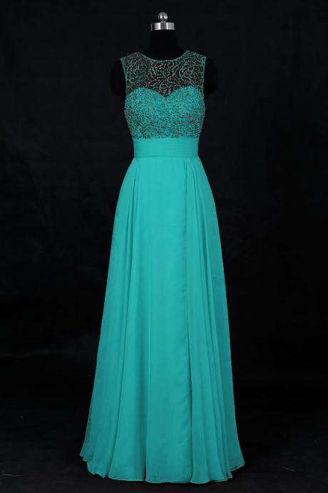 Charming Turquoise Chiffon Beaded Formal Dresses- Long Evening Gowns, Sexy Prom Dresses