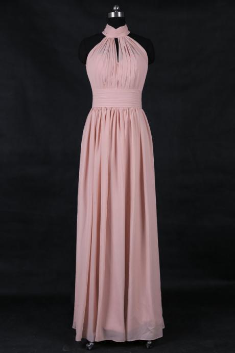 Pink Ruched Halter Prom Dresses , Strapless Chiffon A Line Evening Gowns - Formal Gowns, Party Dresses