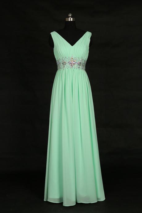 Mint Green V Neck Beaded Prom Dresses , Strapless Chiffon A Line Evening Gowns - Formal Gowns, Party Dresses