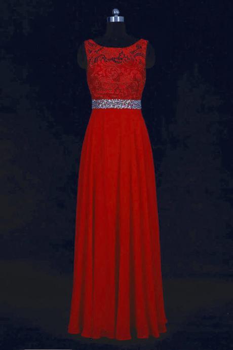 Elegant Long Red Lace Prom Dresses , Strapless Chiffon A Line Evening Gowns With Scoop Neckline - Formal Gowns, Party Dresses